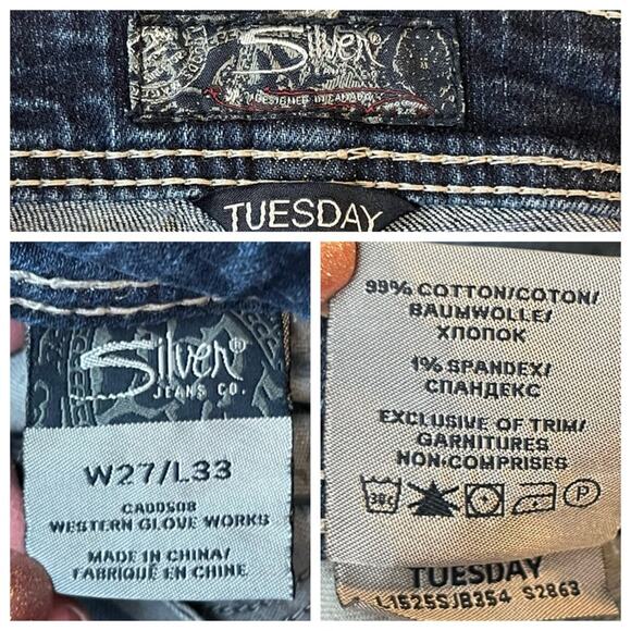 Silver Jeans Tuesday Boot Cut Raw Hem Low Rise Dark Wash Women’s Size 27x33 - Picture 8 of 9